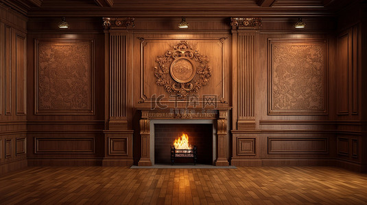 大理石壁炉背景图片_永恒的内饰，配有木镶板和 3D 渲染的壁炉