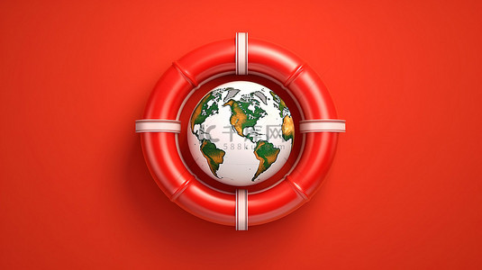 地球红色背景背景图片_3D 渲染的充满活力的红色背景上的地球形救生圈