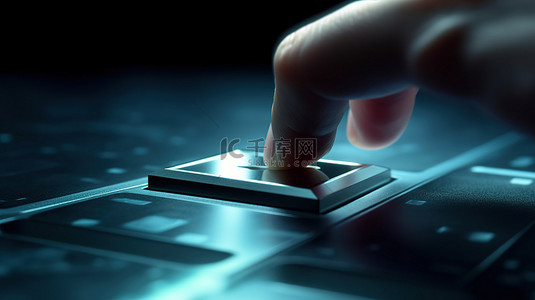 手指准备激活具有 3D 背景复合材料的计算机电源按钮