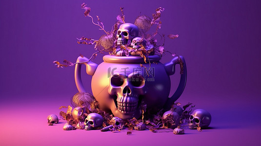 不快乐的背景图片_怪异的万圣节 3D 渲染墓地骨头头骨女巫的大锅灯笼幽灵在神秘的紫色背景上