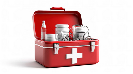 医疗器材背景背景图片_3d 渲染一个孤立的急救箱和白色背景上的问号