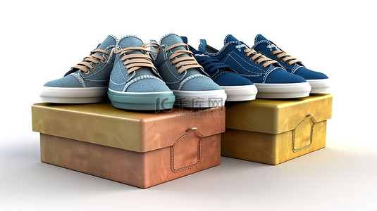 新设计的蓝色牛仔运动鞋展示在 3D 渲染的白色背景上的一系列彩色鞋盒上方