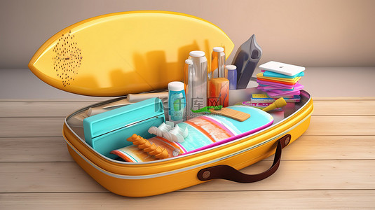 夏季主题 3D 插图，包括手提箱冲浪板和旅行配件