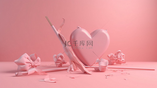 玫瑰空景背景图片_粉红心形背景与 3D 渲染情人节弓和箭