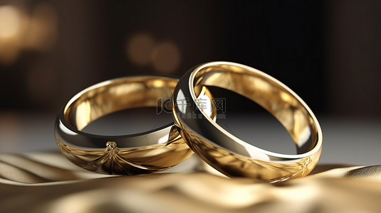 情侶背景图片_3D 渲染横幅，其中两个金色结婚戒指在空白背景上互锁