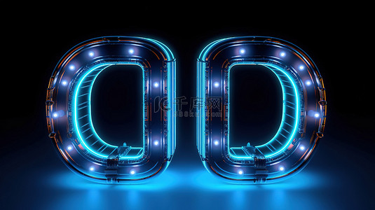 科技文字背景图片_用蓝色霓虹灯照明的未来金属字体“u”的 3D 渲染
