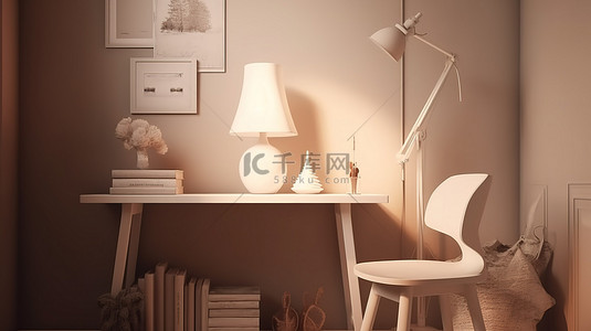 家庭办公室 3d 渲染舒适的阅读角，配有书灯和复印空间装饰