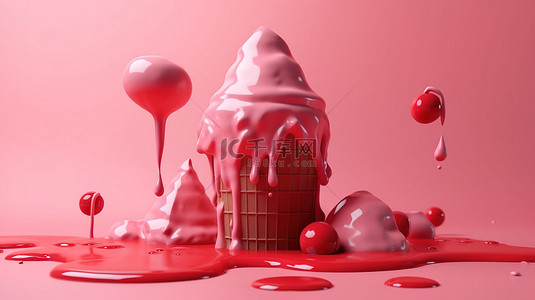 粉红色背景与 3d 渲染的红色冰淇淋