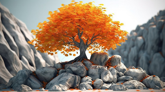迷人的 3d 树，有充满活力的橙色叶子和前景中的雄伟巨石
