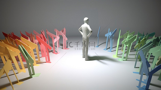 策略方法背景图片_箭头路径上沉思的 3D 人物的渲染插图