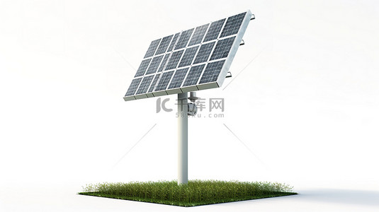 白色背景上的光伏杆利用 3D 渲染中太阳能电池板的绿色能源