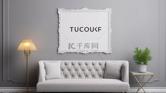 白色沙发和装饰与灰色墙壁上古典室内风格的模拟海报搭配，带有 3D 渲染