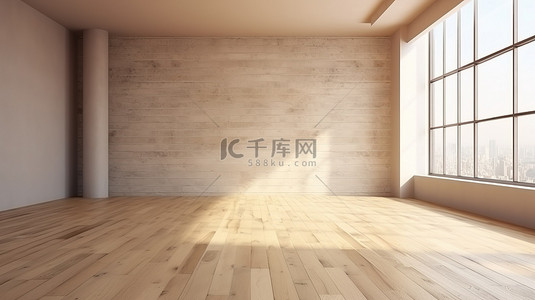 空置的阁楼空间装饰着木地板和3D渲染的灰泥墙