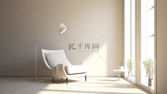 明亮通风的房间，配有白色椅子和高耸的落地灯计算机生成的图像