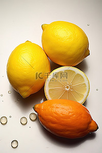 海滨制药背景图片_橙子旁边放两个柠檬和一些维他命