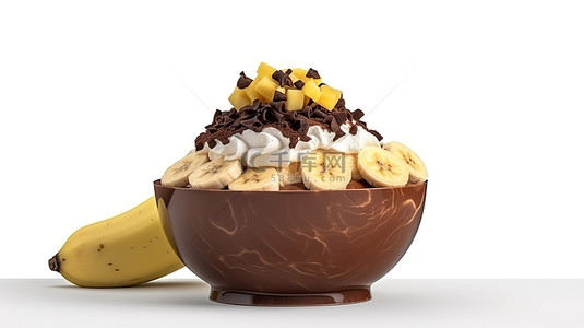 香蕉牛奶背景背景图片_白色背景下巧克力香蕉冰苏刨冰的卡通风格 3D 渲染