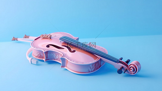 蓝色小提琴背景图片_蓝色背景 3D 渲染古典粉色小提琴和双色调风格的弓