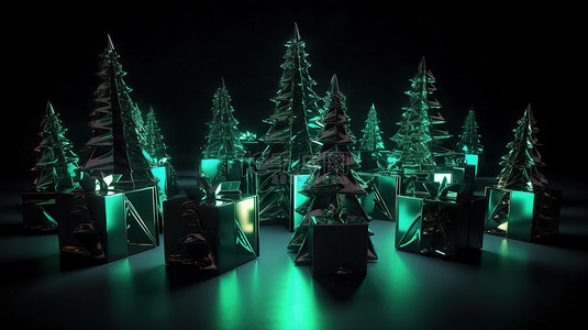 精美的 3D 渲染中包裹着礼物的圣诞树