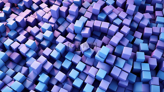 连续蓝色和紫色色调的块的抽象 3D 渲染