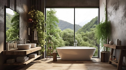 漂亮风景背景图片_3D 渲染浴室，享有阁楼风格的自然风景