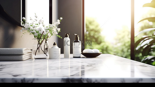 轻奢淋浴背景图片_浴室大理石桌面的 3D 渲染，具有模型空间和模糊背景