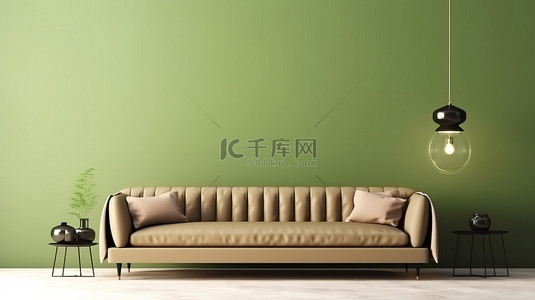 枕头样机背景图片_橄榄色背景 3D 渲染客厅配有布艺沙发和枕头
