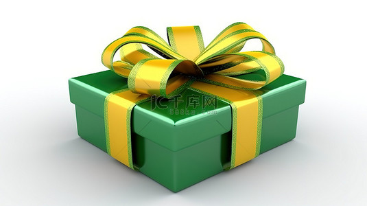 绿色蝴蝶结背景图片_3D 绿色礼盒，饰有鲜艳的黄色丝带和蝴蝶结
