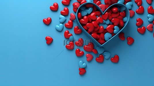 情人节主题在蓝色背景的蓝心海中呈现 3d 红心