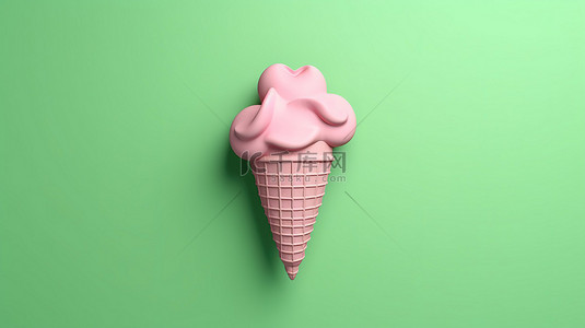 粉红心形绿色冰淇淋锥体的简约 3D 渲染