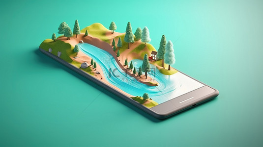 手机背景风景背景图片_孤立的智能手机和漂浮的道路 3D 插图在令人惊叹的等距景观中非传统的广告