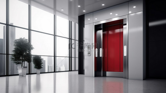 办公楼内带金属门的现代电梯旁边的空白广告牌或海报的极端特写 3D 渲染
