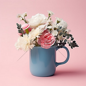 粉色背景杯子背景图片_粉红色背景上装满鲜花的杯子