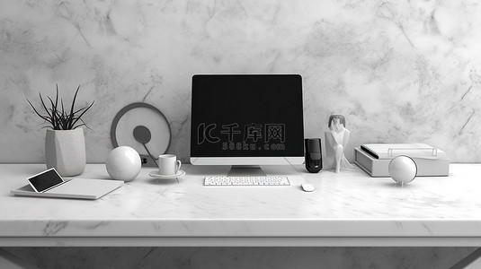 现代白色办公桌，配有电脑 PC，以混凝土背景 3D 插图为背景