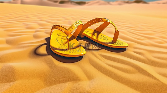 以人字拖凉鞋为特色的黄色沙滩的 3D 渲染