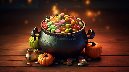 怪异的 3D 插图女巫的大锅里装满了万圣节美食