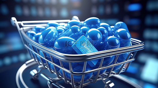 药店导视牌背景图片_装满药物的蓝色胶囊放在购物车上，描绘了 3D 渲染的药品购买情况
