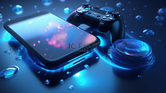 游戏应用背景图片_创新的 3D 渲染在带有闪烁屏幕的智能手机上显示浮动游戏双操纵杆，一睹移动游戏技术的未来