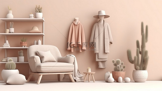 服装家居背景图片_货架服装展示和 3D 建模扶手椅，配有柔和的米色和白色仙人掌盆景