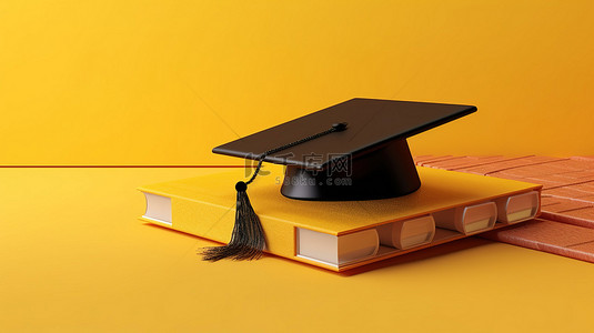 黄色背景下毕业文凭和帽子的 3d 插图