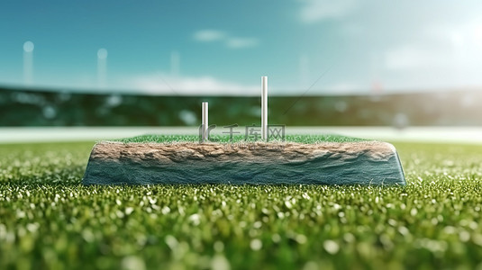 美式足球场横截面的 3D 插图，上面有郁郁葱葱的绿色橄榄球体育场草