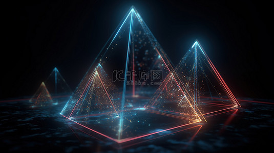 外太空中的发光三角形以 3D 形式呈现，它们之间的距离不同
