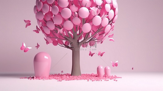 用于投资的金钱树的数字描绘，硬币倾盆而下，背景是粉红色的存钱罐