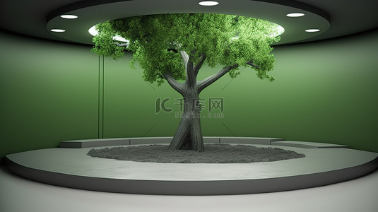 黑色3d质感背景背景图片_圆形 3d 讲台，底部有郁郁葱葱的绿树