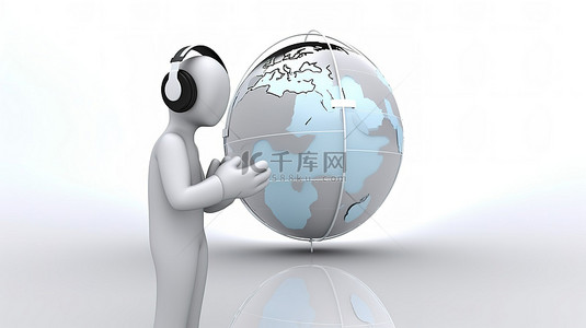 全球通信概念 3d 白色人物戴着耳机与地球地球