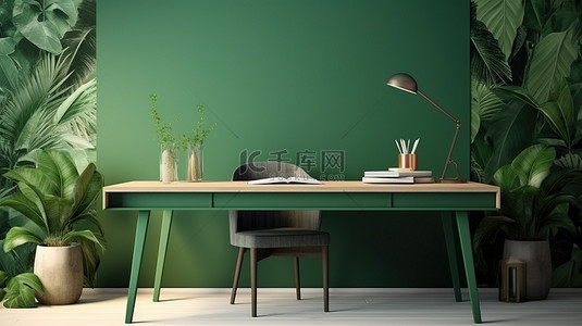 时尚的工作站或学习桌，在时尚的绿色壁纸 3D 渲染上具有创造力的空间