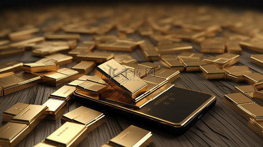 投资机会背景图片_以智能手机模型和金条为特色的投资概念的黄金机会 3D 插图