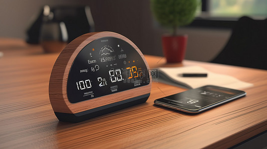无线应用背景图片_时尚的无线家庭气象站，手机上显示天气应用程序，在木桌上以 3D 渲染