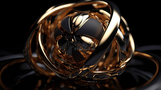 在 3D 渲染中具有中心球体和环绕环的金属抽象形状