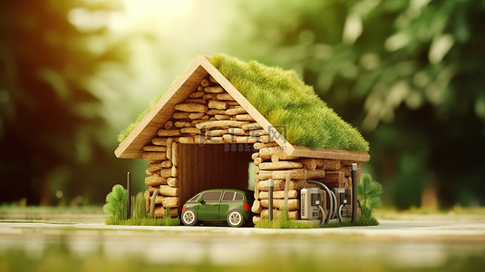 加油站新能源背景图片_木质背景，带有生物燃料加油站的 3D 插图