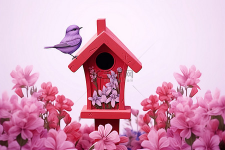红色鸟背景图片_开花的花朵上的红色鸟屋
